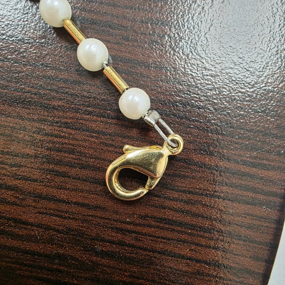 Napier Gold Tone Faux Pearl Bar Link Necklace 17 Inch Adjustable Clasp